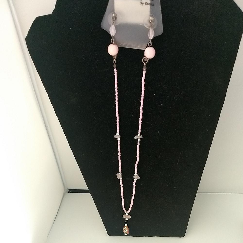 🌷‼️5/$20  Tamina Stella Pink Beaded Floral Painted Pendant Necklace w/ Earrings